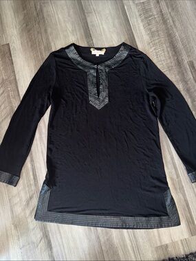 Tory Burch large black tunic top shirt leather trim women’s casual